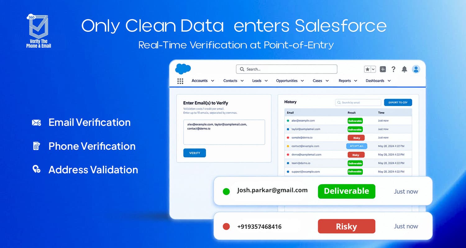 Real-time email, phone, and address verification inside Salesforce.