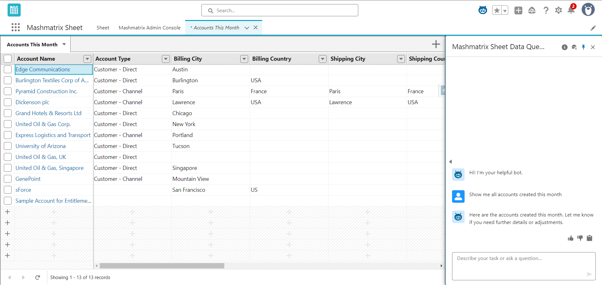Agentforce show me all accounts created this month in Mashmatrix sheet