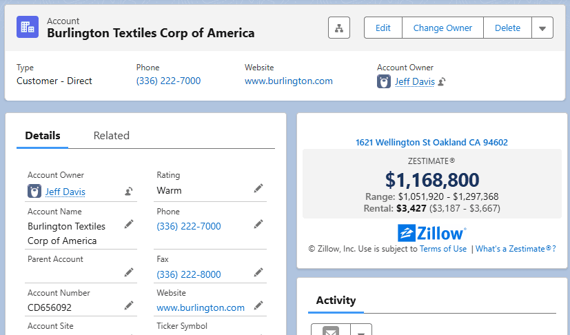 Zillow Valuation directly on record page