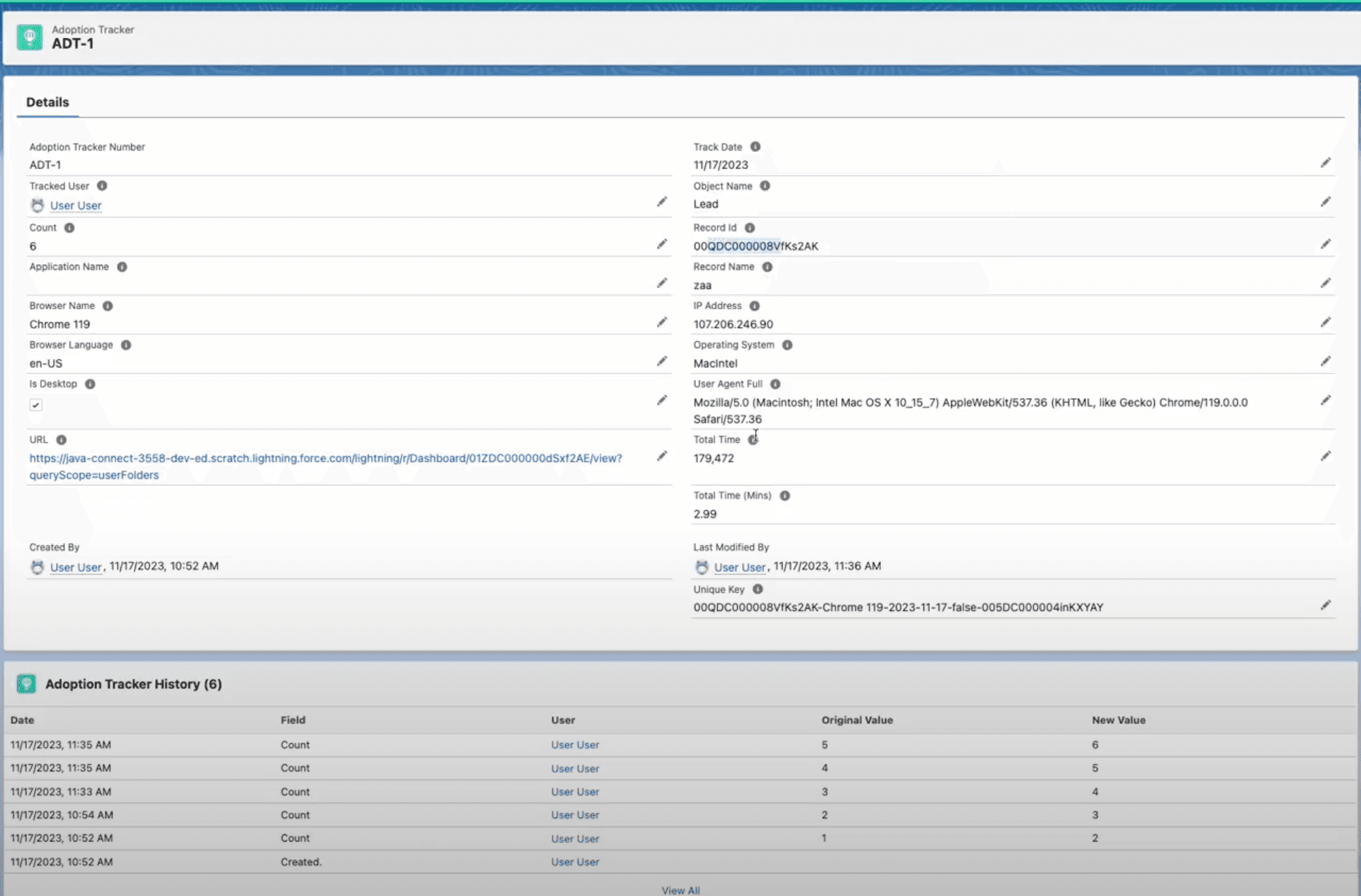 Sample Tracker Record on information thats being captured