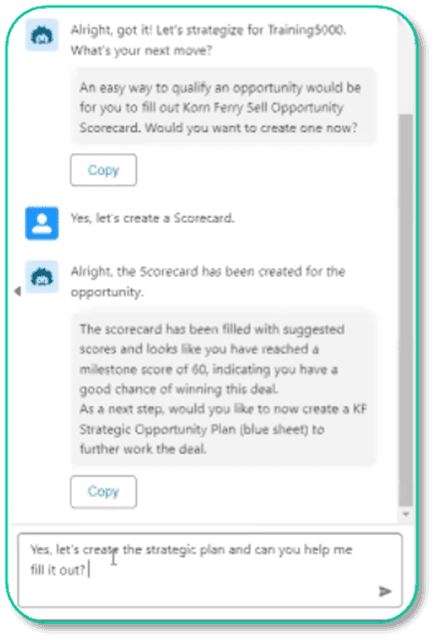 Agentforce Assist guides users through creating a Scorecard and next steps in KF Sell.