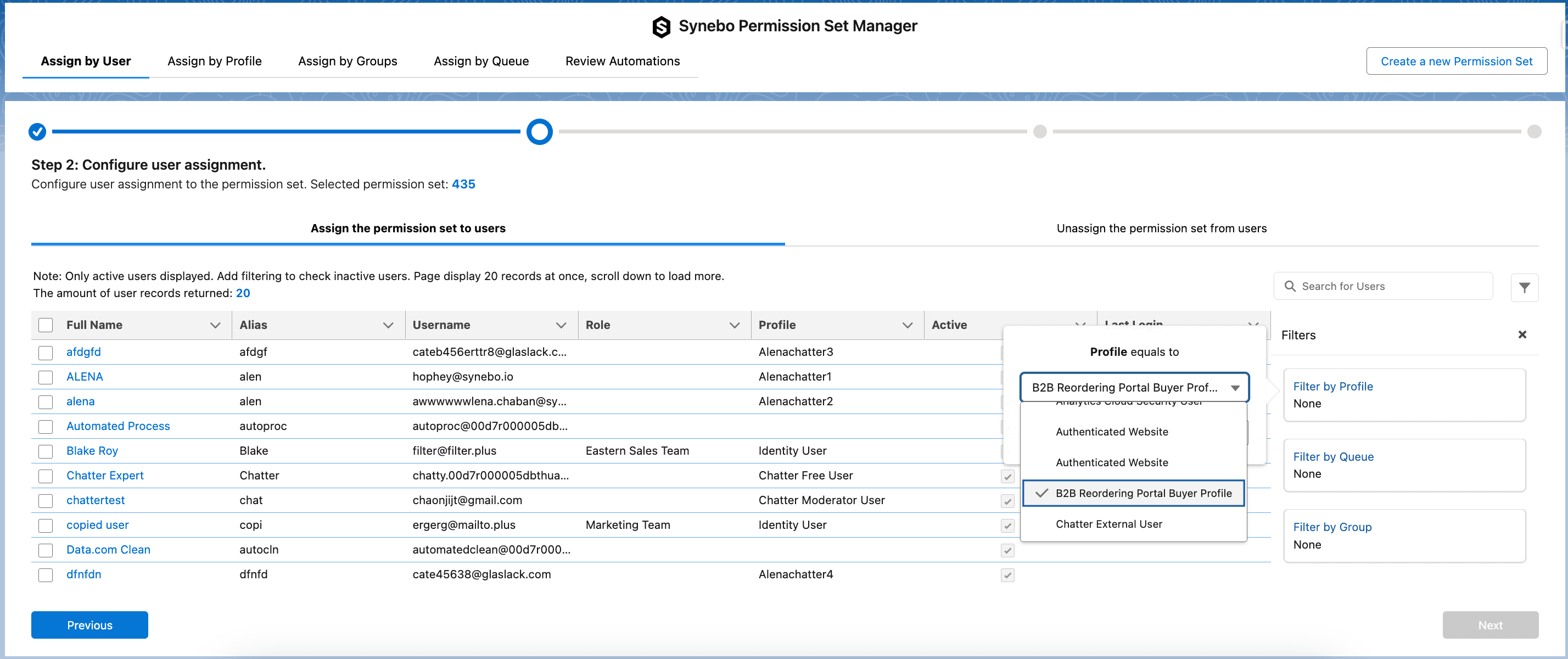 Permission Set Manager application overview- Step 2: select users to assign them to a permission set