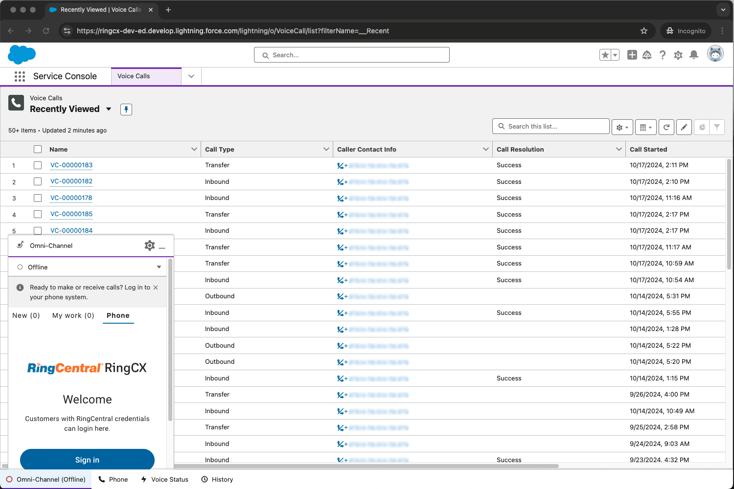 RingCX for Service Cloud Voice Sign in