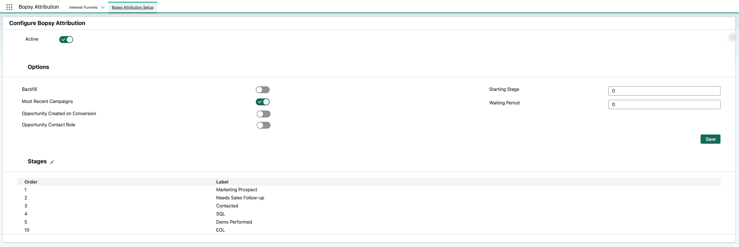 Bopsy Attribution Setup Screen