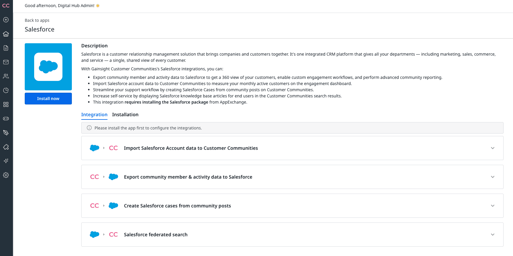 Salesforce Integration Installation Page