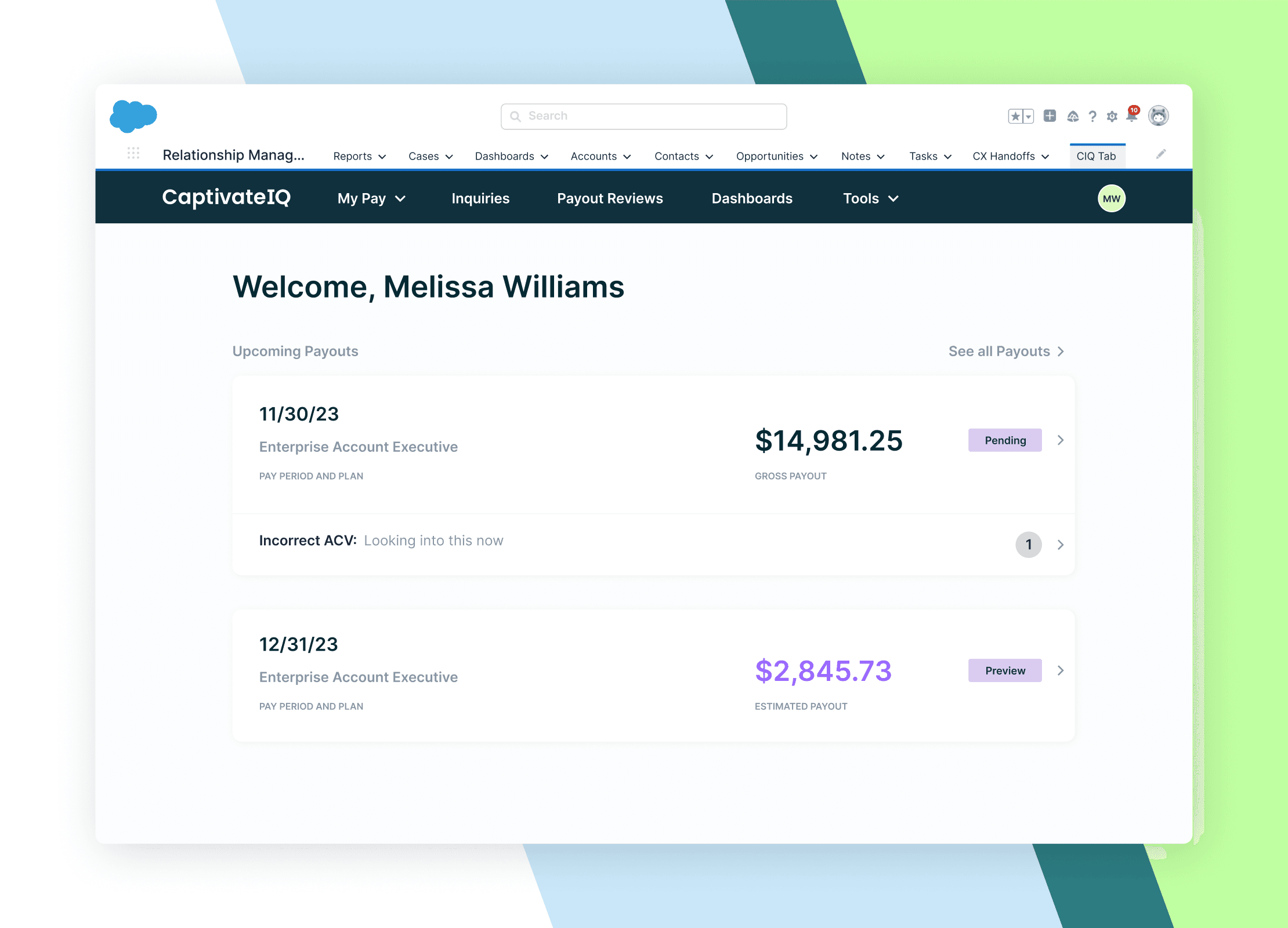 Rep dashboards provide a homepage to access specific statements, inquiries, and more