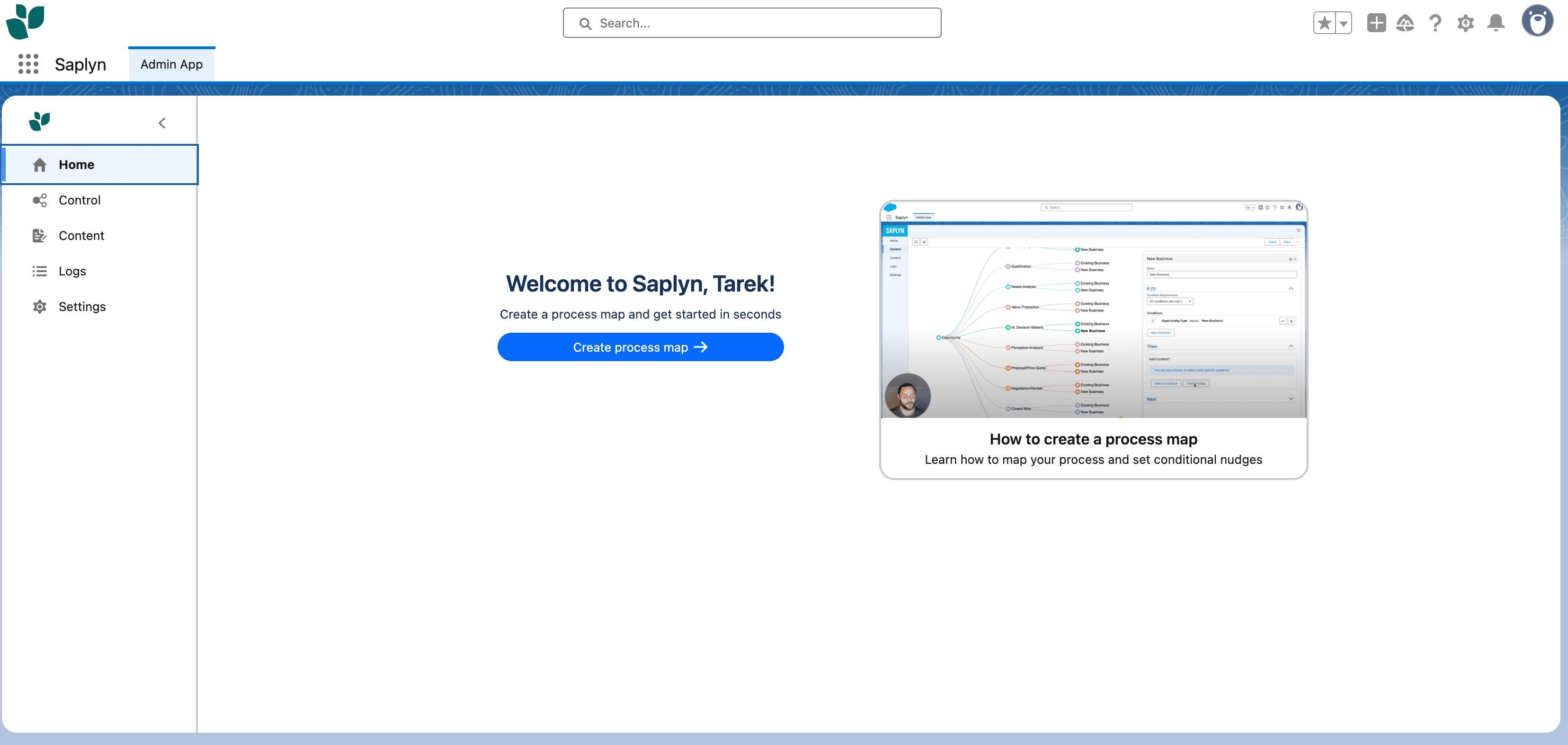 Saplyn Admin Homepage - Create process map