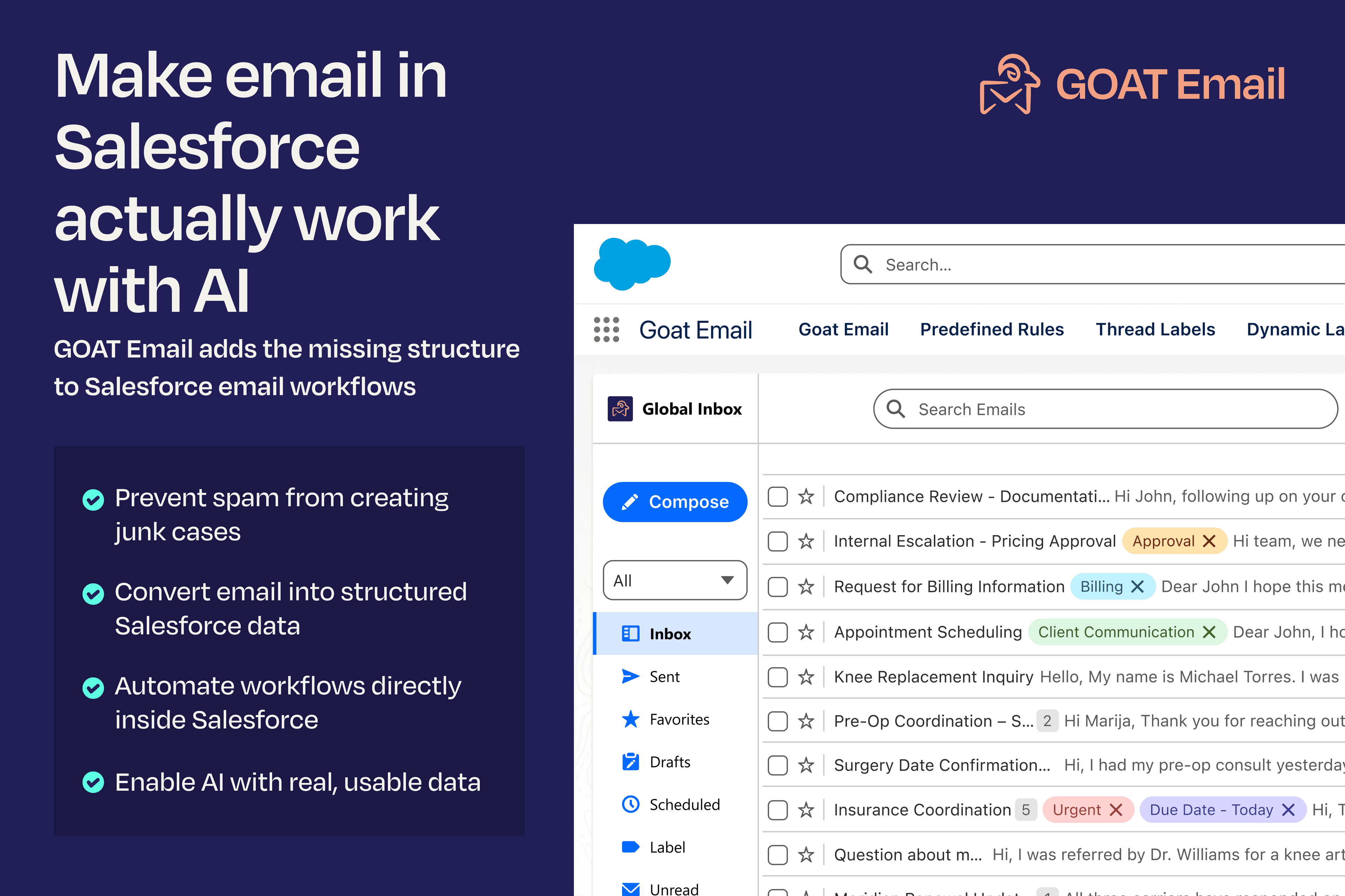Email in Salesforce isn't structured. Spam, unstructured logs, and no AI. GOAT Email fixes this.