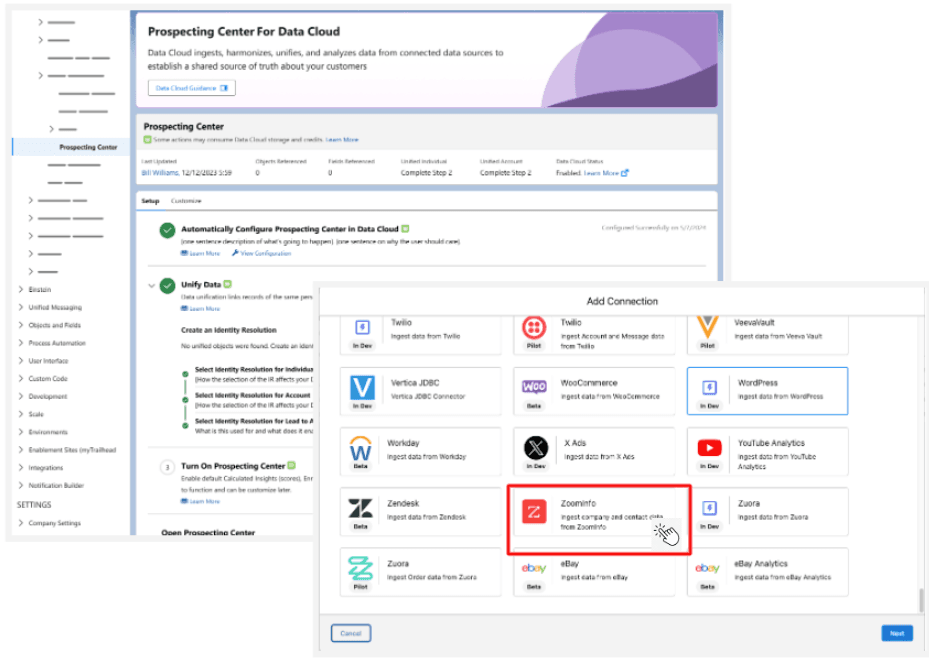 Connect ZoomInfo to Salesforce Prospecting Center