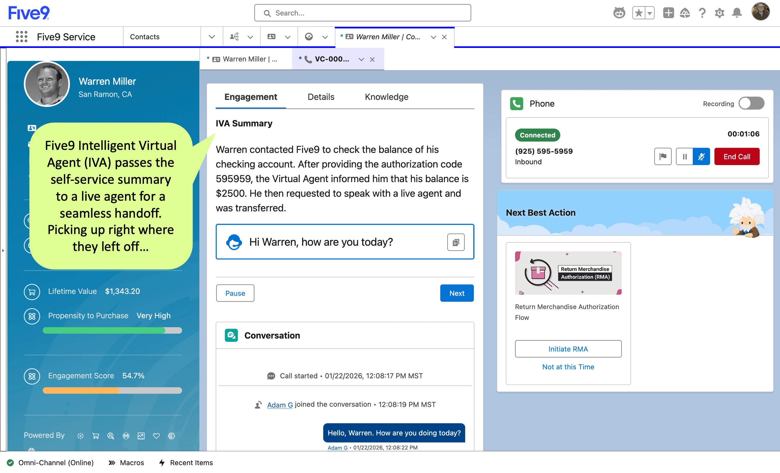 The customer started their journey through self-service and a summary is provided to the live agent.