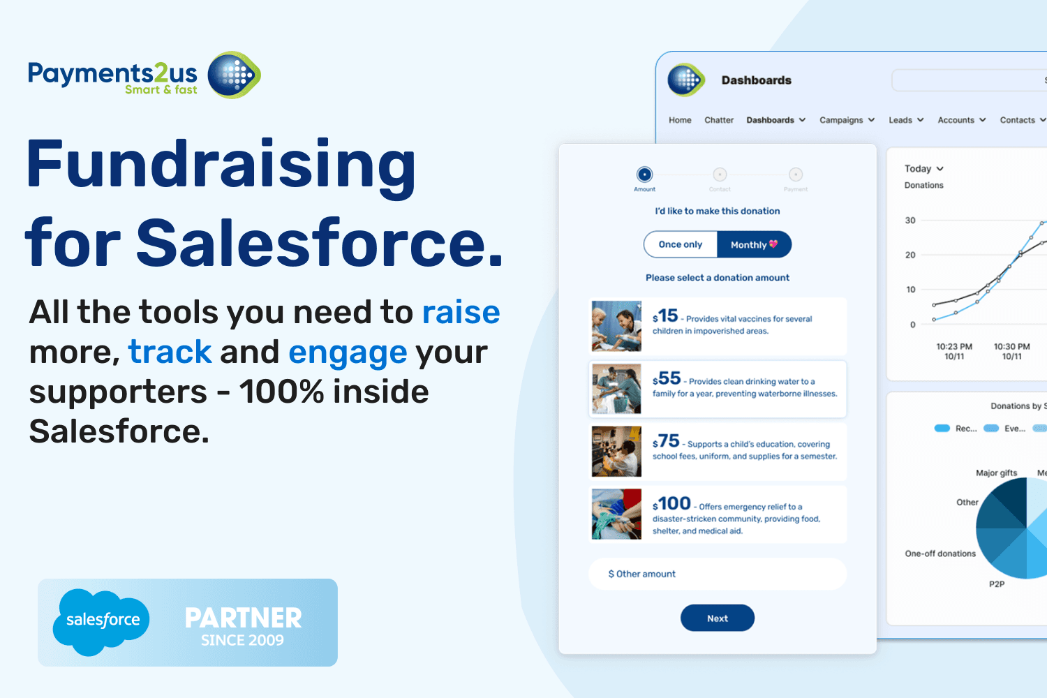 Everything you need to raise more, manage and engage your supporters. 100% Salesforce native.