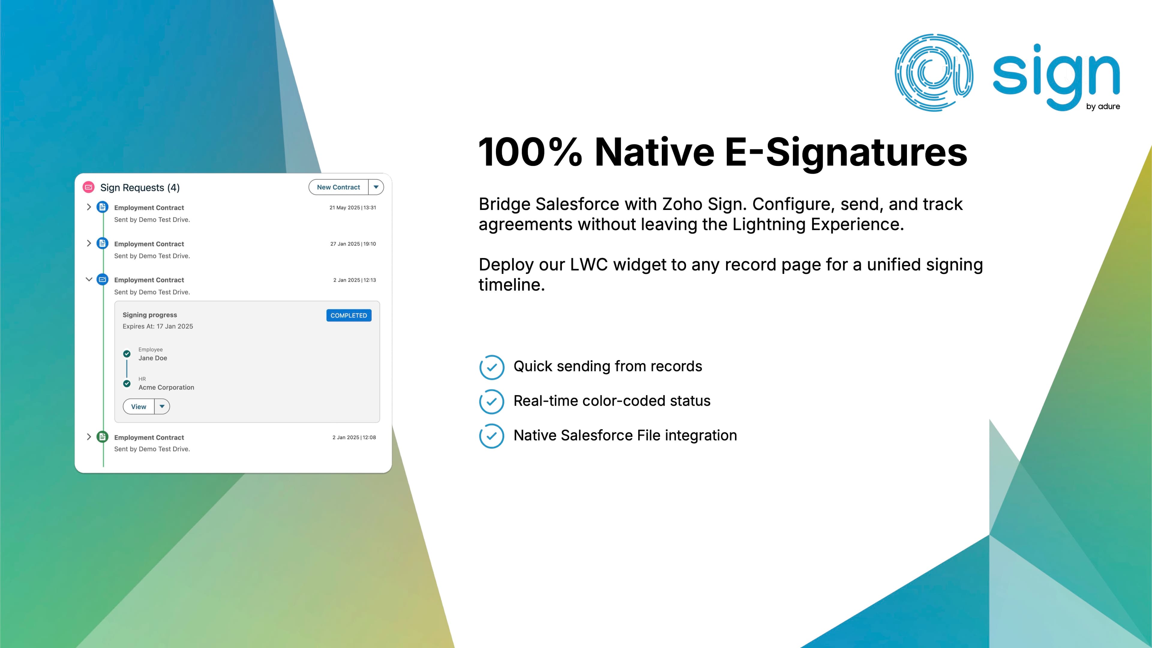 100% Native E-Signatures using Zoho Sign. Configure send and track agreements without leaving SF