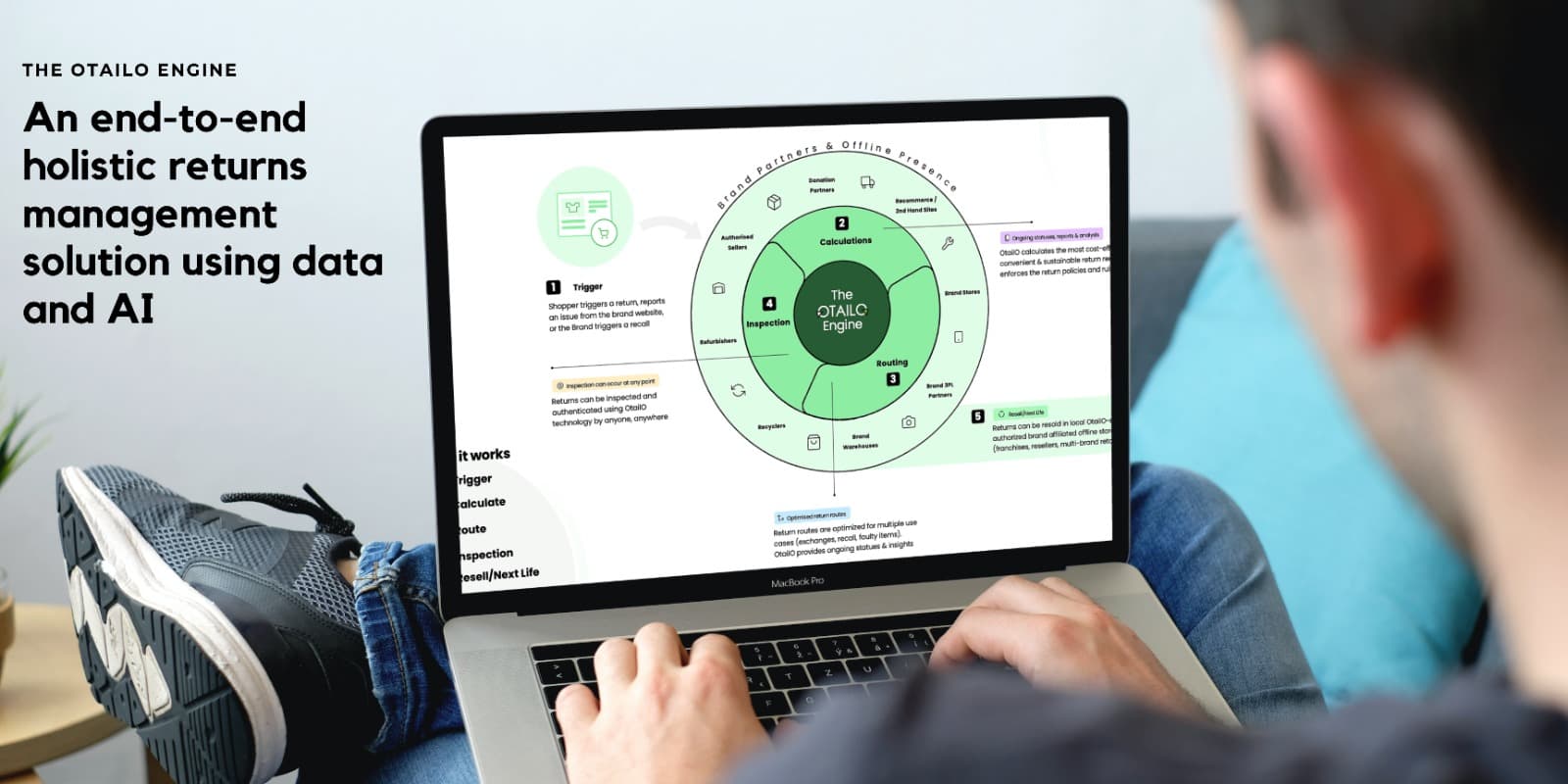 Man looking at a diagramatic explanation of the OtailO engine