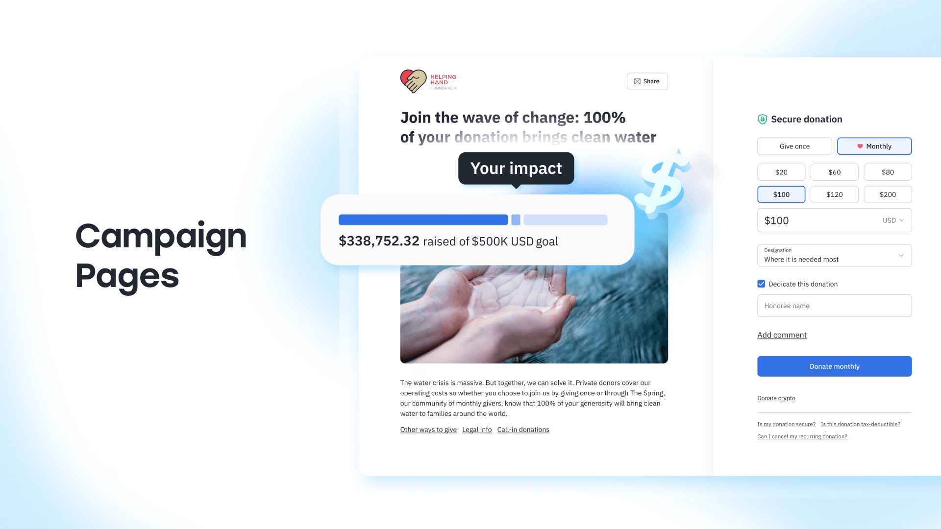 Create, configure, & launch donation pages in minutes to support special event or emergency response