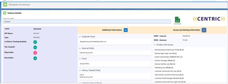 Detailed object definition and related details along with Excel download option.