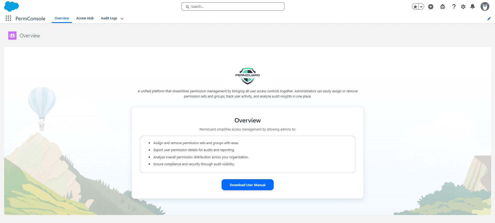 Unified PermGuard console providing a centralized overview of Salesforce user access management.