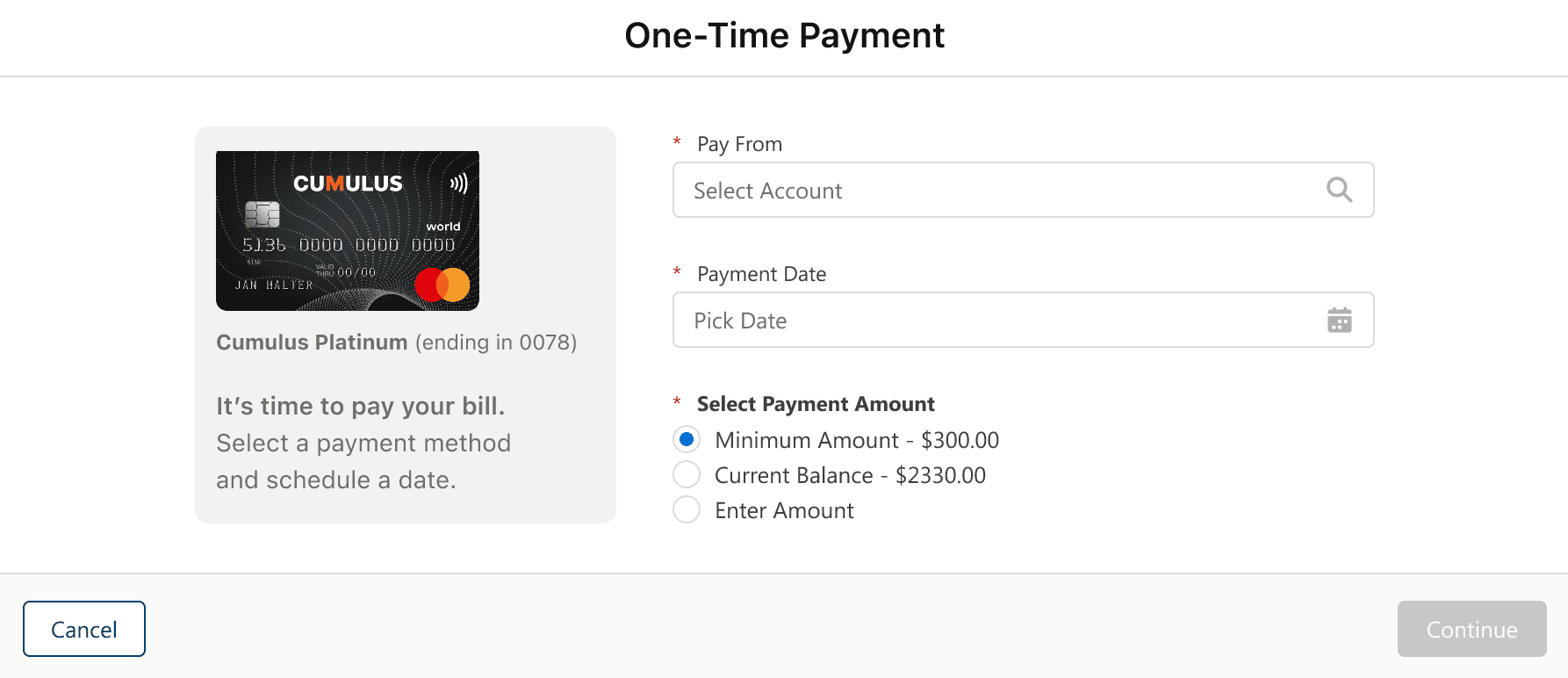 Customer screen - One-time payment toward card balance