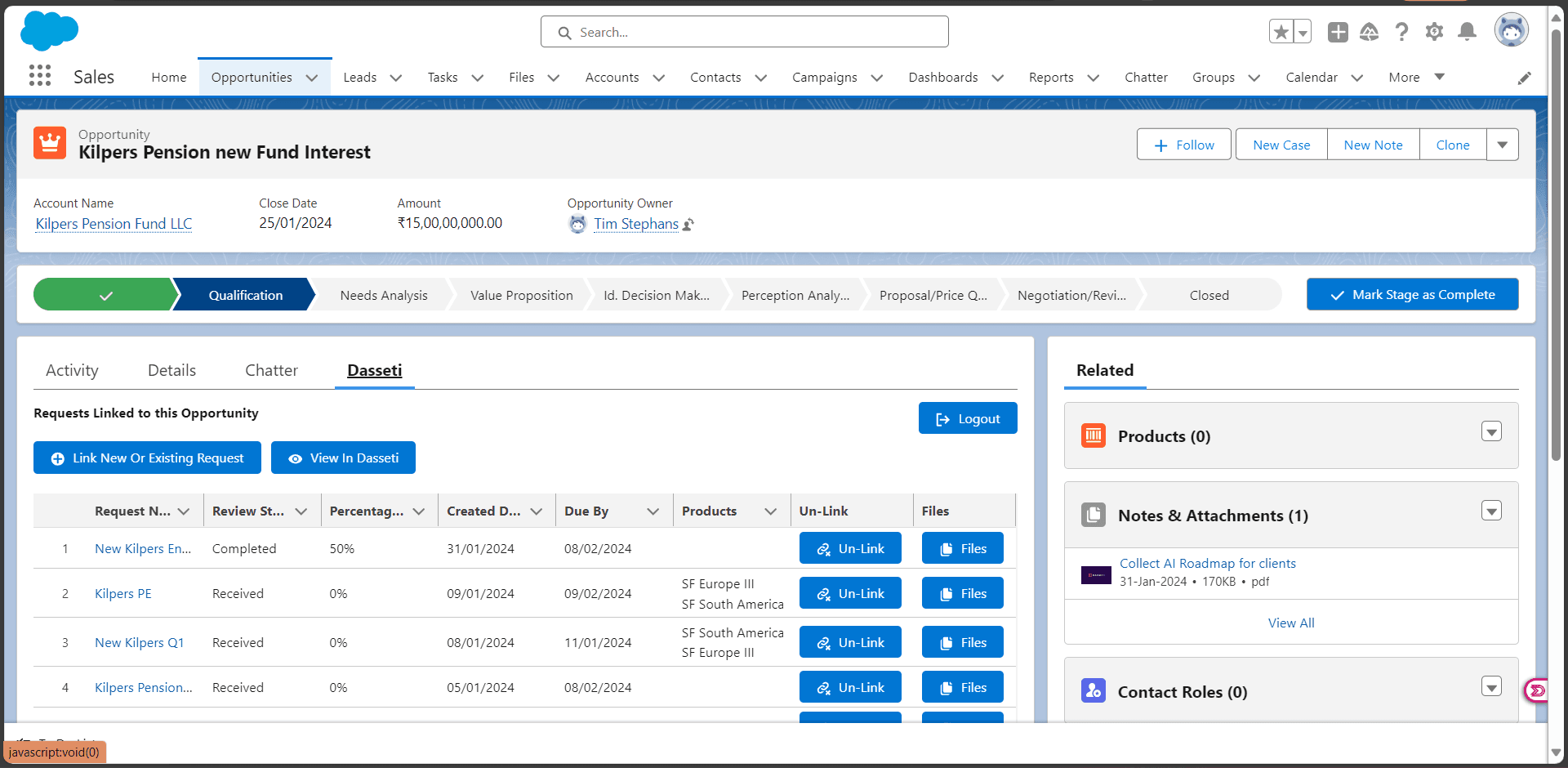 View Dasseti Requests from Opportunities or Accounts