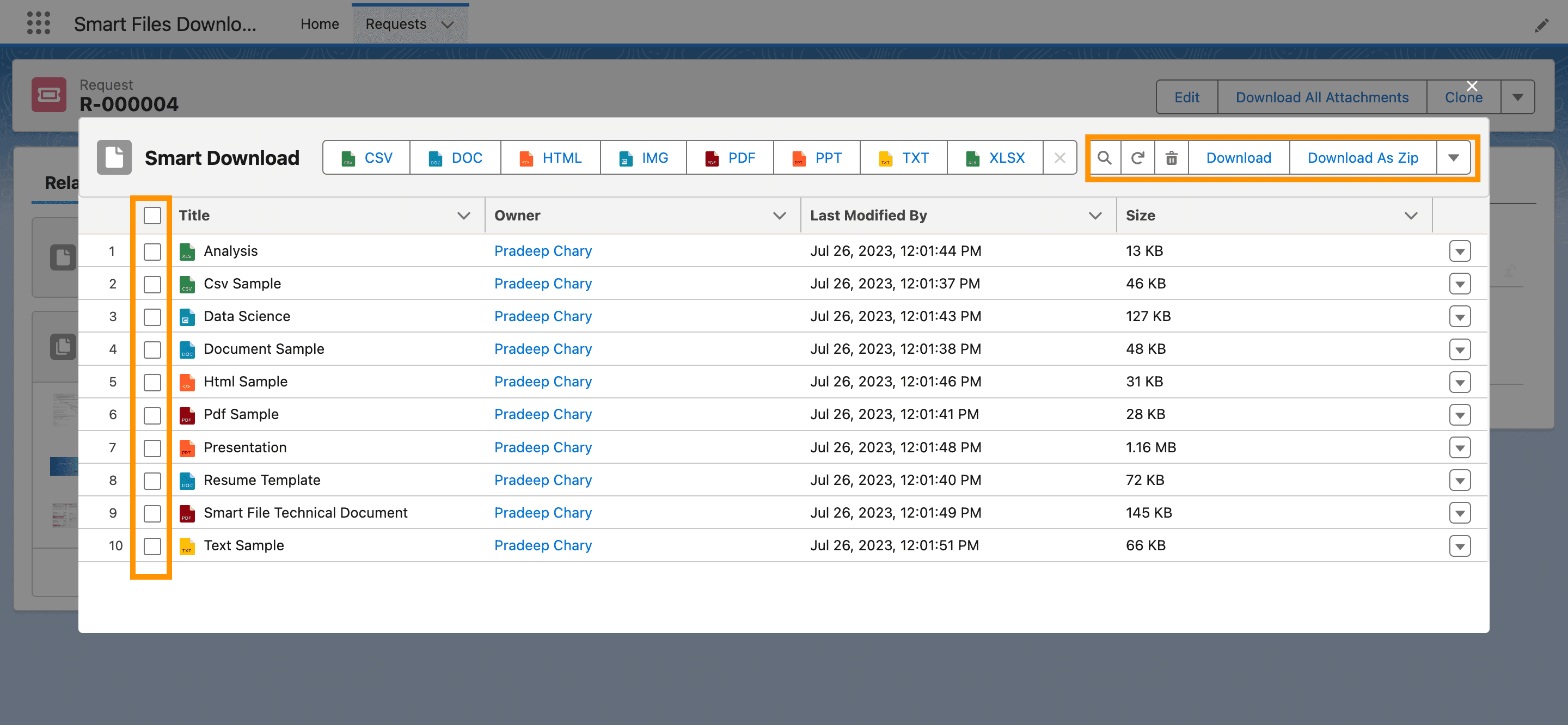 One view of all the files under a record for selection and respective actions