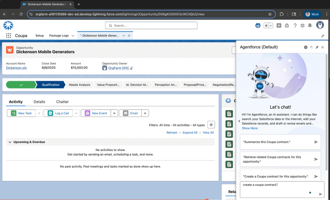Agentforce chat agent to create Coupa Contract