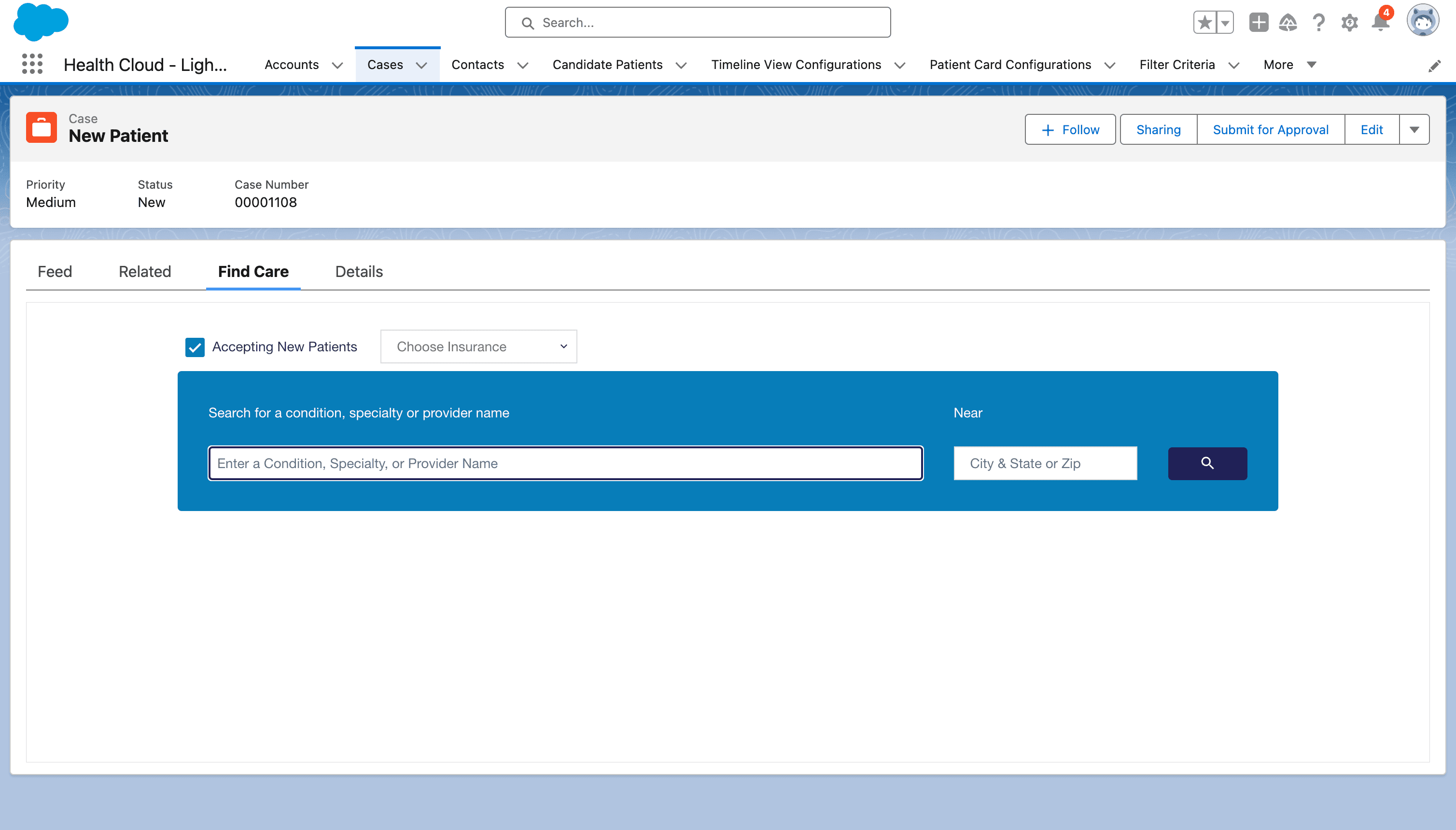 Salesforce HealthCloud with Kyruus Connect Search embedded in Find Care tab