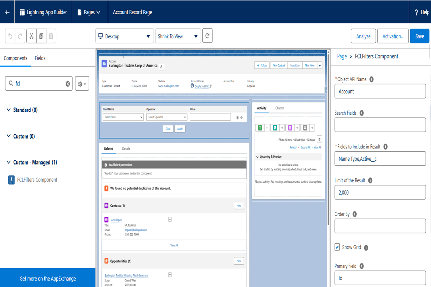 Easily configure FCLFilters in Lightning App Builder—just set object, fields, and you're ready to fi